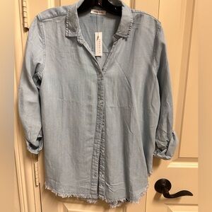 New with tags Frankie’s denim frayed blouse size large
